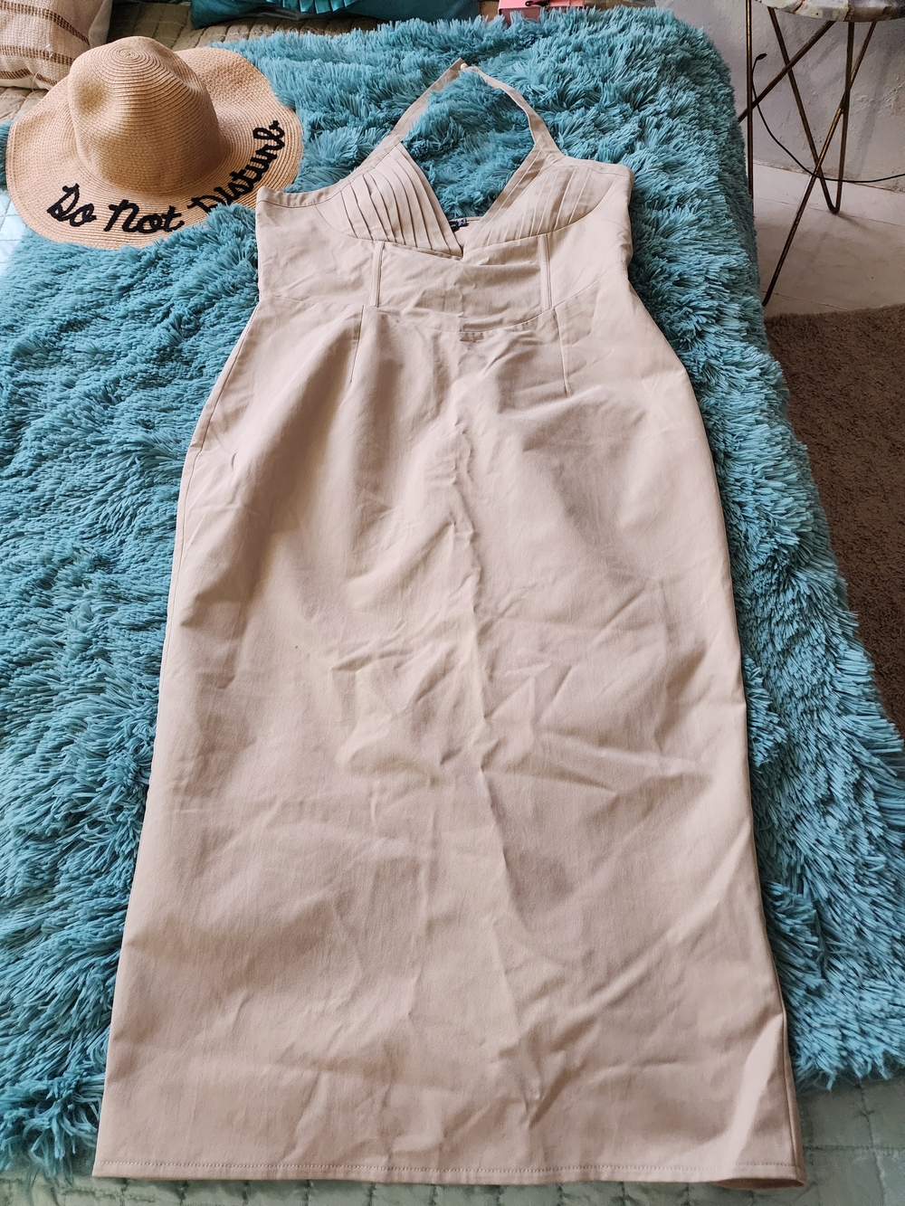 PrettyLittleThing Beige Pleated Dress. Form Fitting.